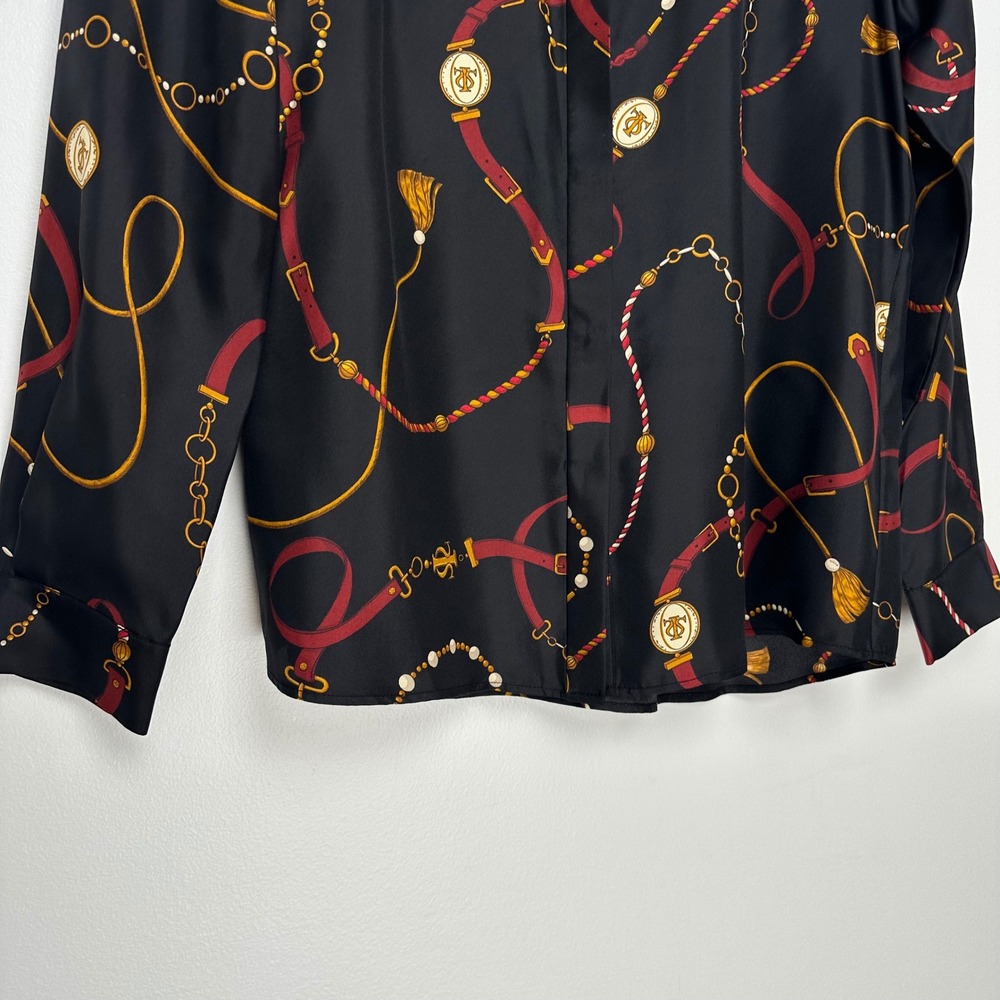 Lilysilk Louisville Print Silk Shirt Black Equestrian Chain Belt Blouse M - Picture 6 of 15